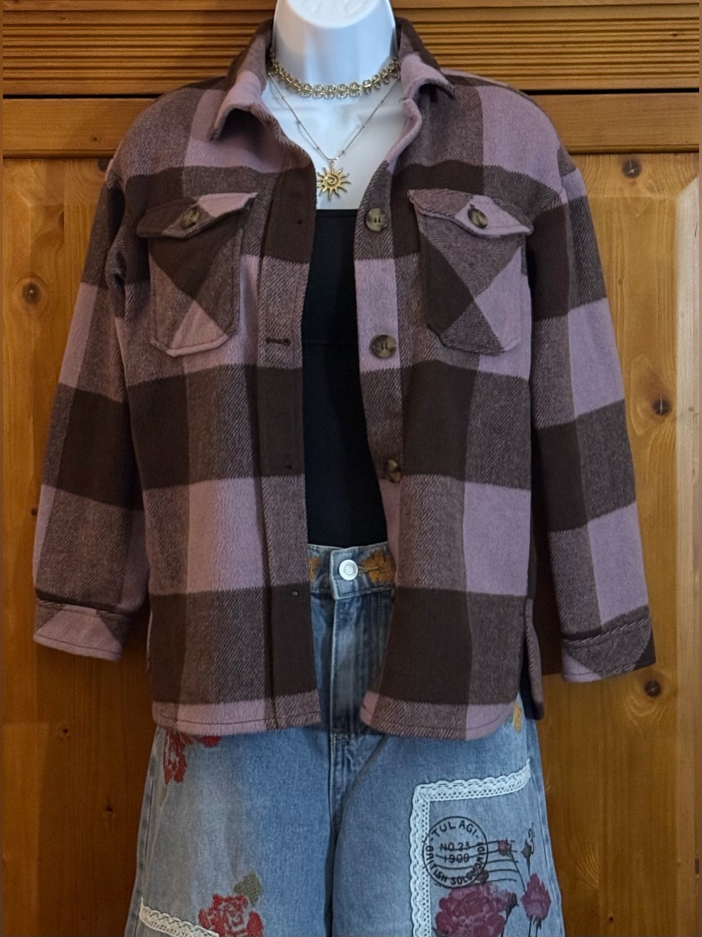 Women's H&M Purple & Brown Plaid Shacket Jacket